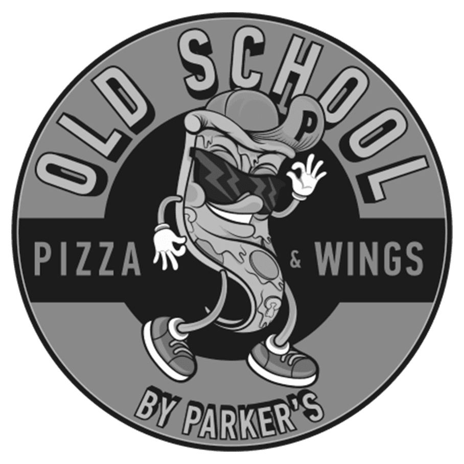 old school pizza and wings grayscale branding